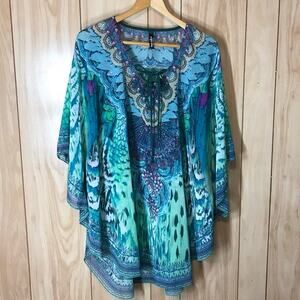 White Mark Sheer Blue Butterfly Scoop Neck Batwing Sleeve Top One Size